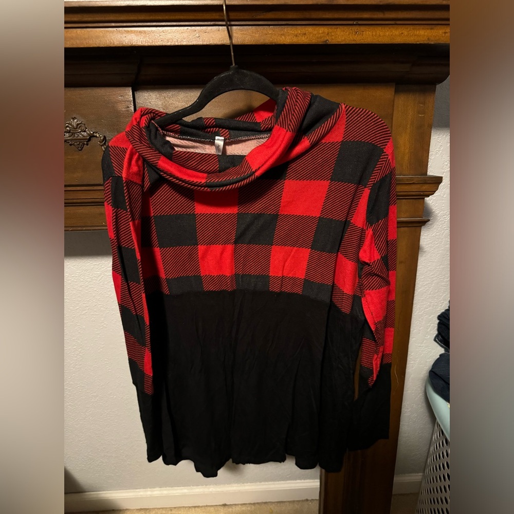 Acting Pro Red and Black Buffalo 🦬 Plaid Cowl Neck Sweater